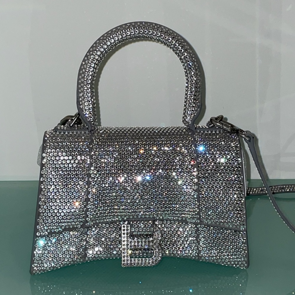 FIRM PRICE. Authentic Balenciega HOURGLASS XS HANDBAG WITH RHINESTONES